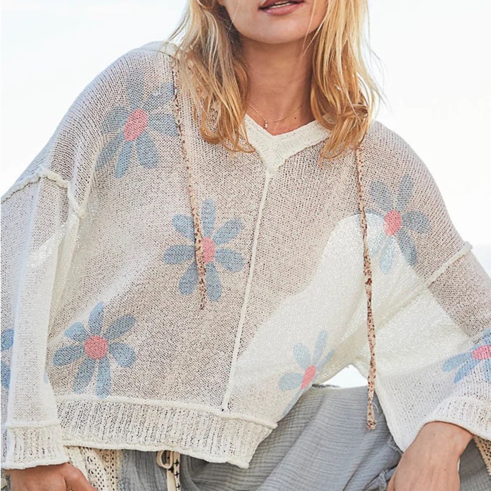 POL Women's V-Neck Knit Jacket - Cream and Blue Floral - Picture 2 of 7